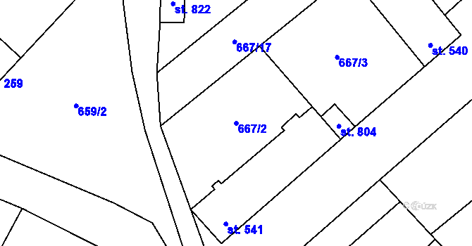 Parcela st. 667/2 v KÚ Pchery, Katastrální mapa