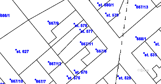 Parcela st. 667/11 v KÚ Pchery, Katastrální mapa
