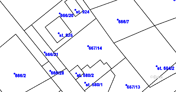 Parcela st. 667/14 v KÚ Pchery, Katastrální mapa
