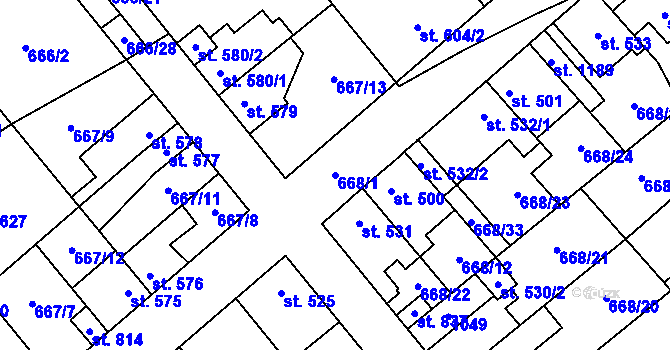 Parcela st. 668/1 v KÚ Pchery, Katastrální mapa