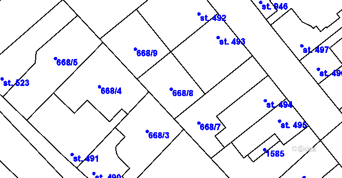 Parcela st. 668/8 v KÚ Pchery, Katastrální mapa