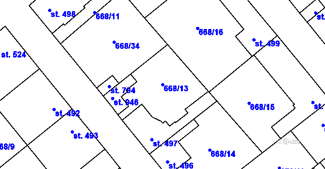 Parcela st. 668/13 v KÚ Pchery, Katastrální mapa