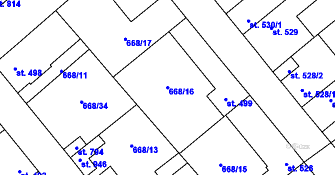 Parcela st. 668/16 v KÚ Pchery, Katastrální mapa
