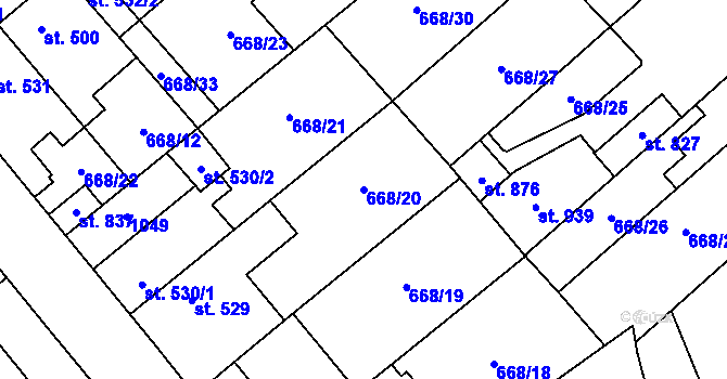 Parcela st. 668/20 v KÚ Pchery, Katastrální mapa