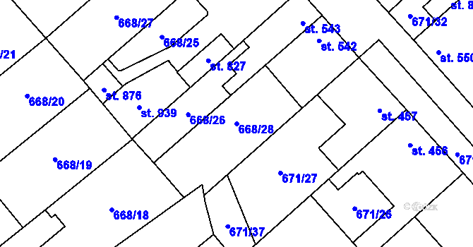 Parcela st. 668/28 v KÚ Pchery, Katastrální mapa