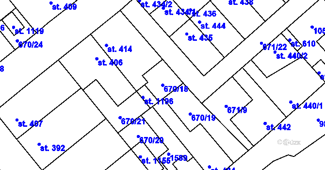 Parcela st. 670/18 v KÚ Pchery, Katastrální mapa