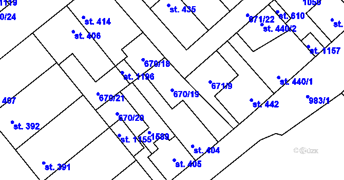Parcela st. 670/19 v KÚ Pchery, Katastrální mapa