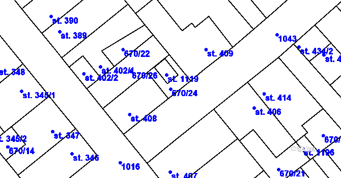Parcela st. 670/24 v KÚ Pchery, Katastrální mapa