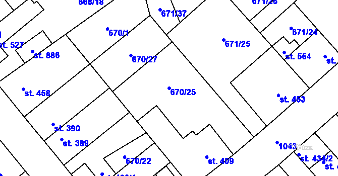 Parcela st. 670/25 v KÚ Pchery, Katastrální mapa