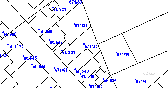 Parcela st. 671/33 v KÚ Pchery, Katastrální mapa