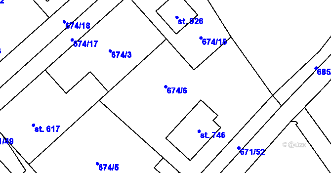 Parcela st. 674/6 v KÚ Pchery, Katastrální mapa
