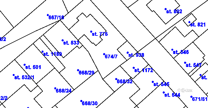 Parcela st. 674/7 v KÚ Pchery, Katastrální mapa