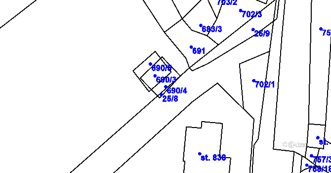 Parcela st. 690/4 v KÚ Pchery, Katastrální mapa
