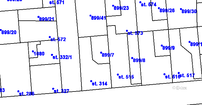 Parcela st. 899/7 v KÚ Pchery, Katastrální mapa