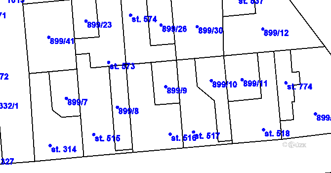 Parcela st. 899/9 v KÚ Pchery, Katastrální mapa