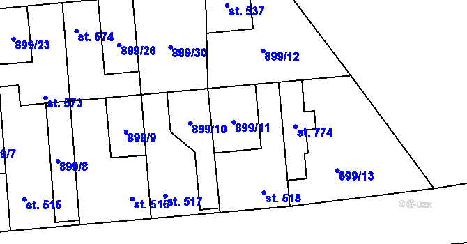 Parcela st. 899/11 v KÚ Pchery, Katastrální mapa
