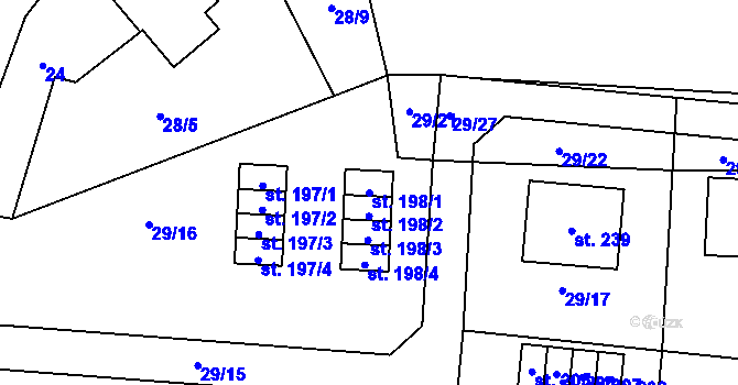 Parcela st. 198/1 v KÚ Pičín, Katastrální mapa
