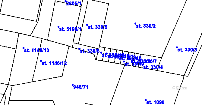 Parcela st. 330/13 v KÚ Písek, Katastrální mapa