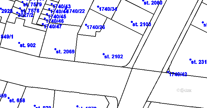 Parcela st. 2102 v KÚ Písek, Katastrální mapa