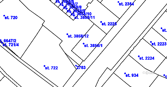 Parcela st. 3858/1 v KÚ Písek, Katastrální mapa
