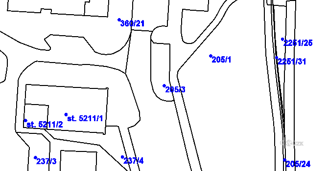 Parcela st. 205/3 v KÚ Písek, Katastrální mapa