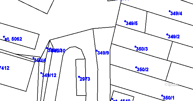 Parcela st. 349/9 v KÚ Písek, Katastrální mapa