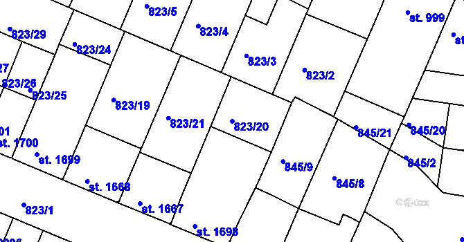 Parcela st. 823/20 v KÚ Písek, Katastrální mapa