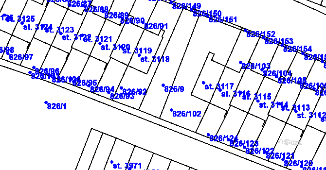 Parcela st. 826/9 v KÚ Písek, Katastrální mapa