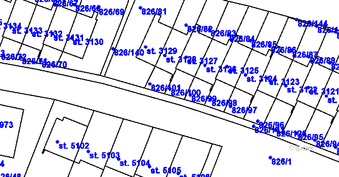Parcela st. 826/100 v KÚ Písek, Katastrální mapa