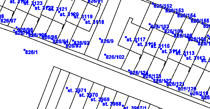 Parcela st. 826/102 v KÚ Písek, Katastrální mapa
