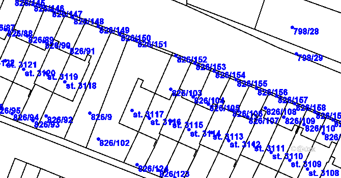 Parcela st. 826/103 v KÚ Písek, Katastrální mapa