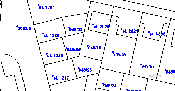 Parcela st. 948/18 v KÚ Písek, Katastrální mapa