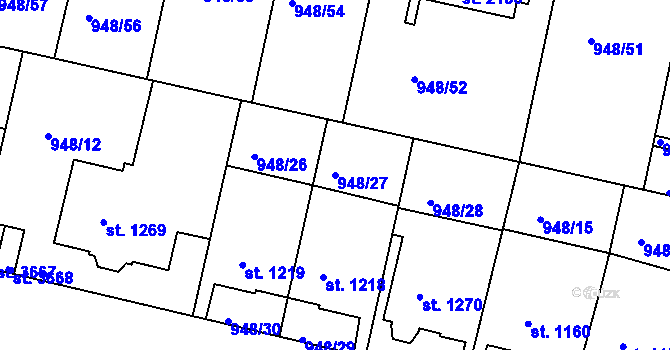 Parcela st. 948/27 v KÚ Písek, Katastrální mapa