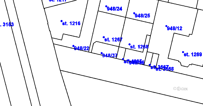 Parcela st. 948/37 v KÚ Písek, Katastrální mapa