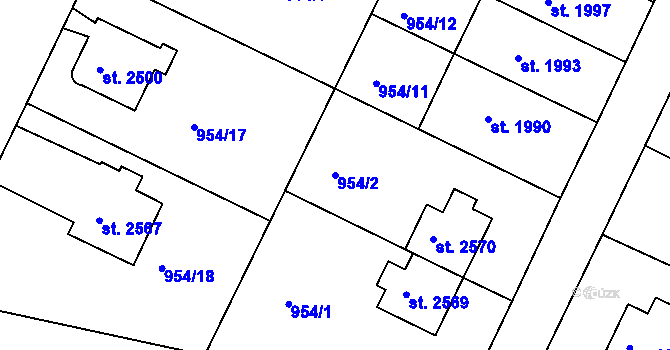 Parcela st. 954/2 v KÚ Písek, Katastrální mapa