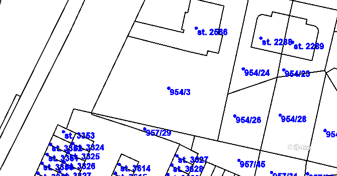 Parcela st. 954/3 v KÚ Písek, Katastrální mapa