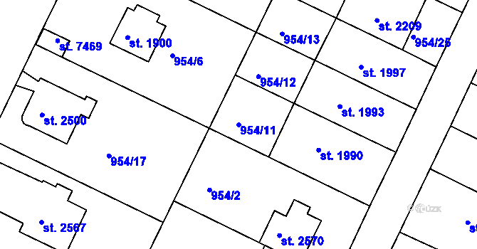 Parcela st. 954/11 v KÚ Písek, Katastrální mapa