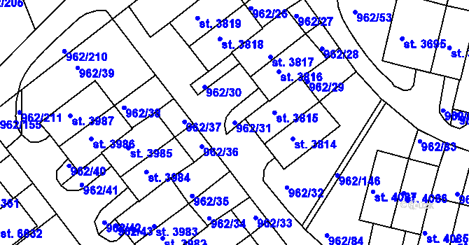 Parcela st. 962/31 v KÚ Písek, Katastrální mapa