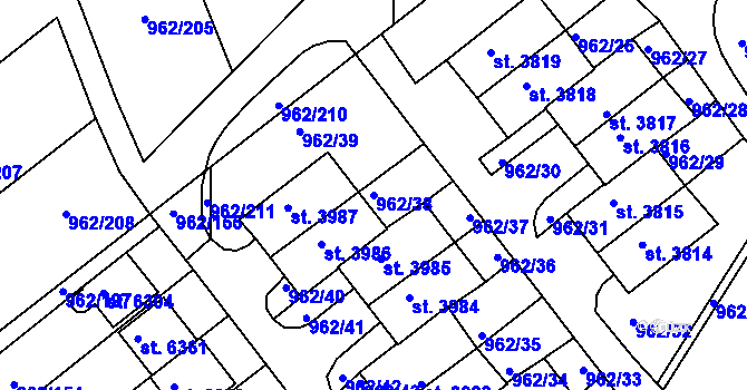 Parcela st. 962/38 v KÚ Písek, Katastrální mapa
