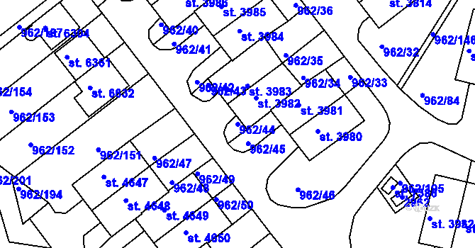 Parcela st. 962/44 v KÚ Písek, Katastrální mapa
