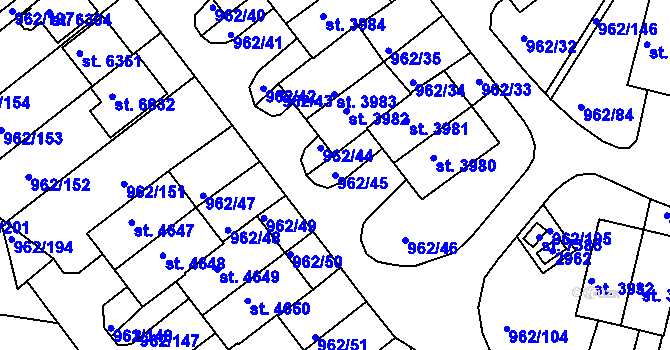 Parcela st. 962/45 v KÚ Písek, Katastrální mapa