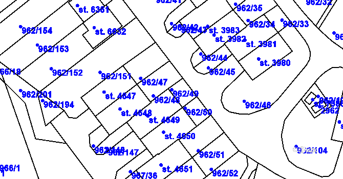 Parcela st. 962/49 v KÚ Písek, Katastrální mapa