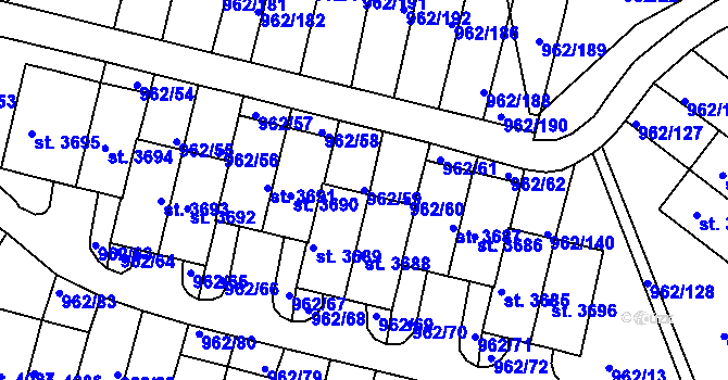 Parcela st. 962/59 v KÚ Písek, Katastrální mapa