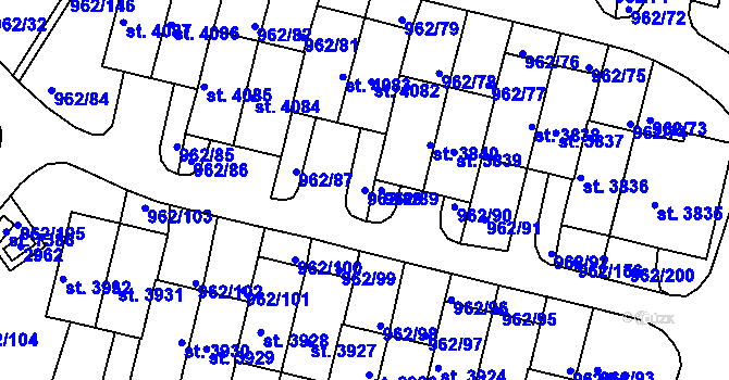 Parcela st. 962/88 v KÚ Písek, Katastrální mapa
