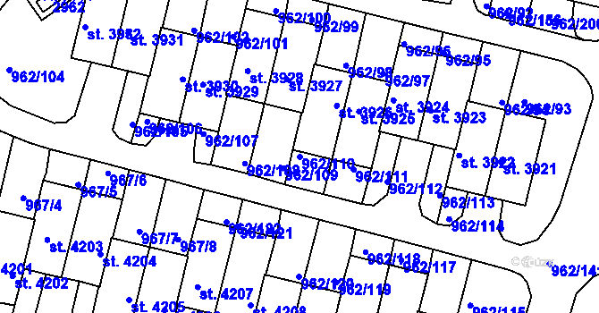 Parcela st. 962/110 v KÚ Písek, Katastrální mapa