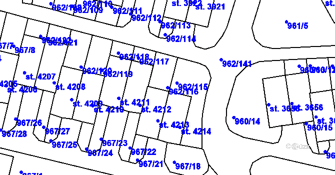 Parcela st. 962/116 v KÚ Písek, Katastrální mapa