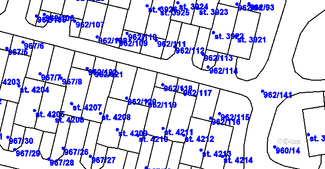 Parcela st. 962/118 v KÚ Písek, Katastrální mapa