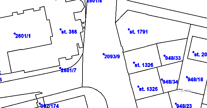 Parcela st. 2093/9 v KÚ Písek, Katastrální mapa