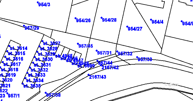 Parcela st. 957/31 v KÚ Písek, Katastrální mapa