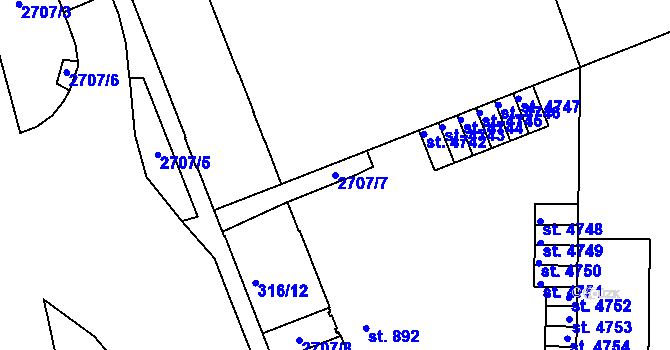 Parcela st. 2707/7 v KÚ Písek, Katastrální mapa